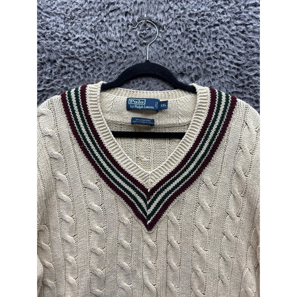 Vintage Polo Ralph Lauren Linen Blend Cable Knit Cricket V-Neck Sweater Mens XXL - Picture 3 of 11